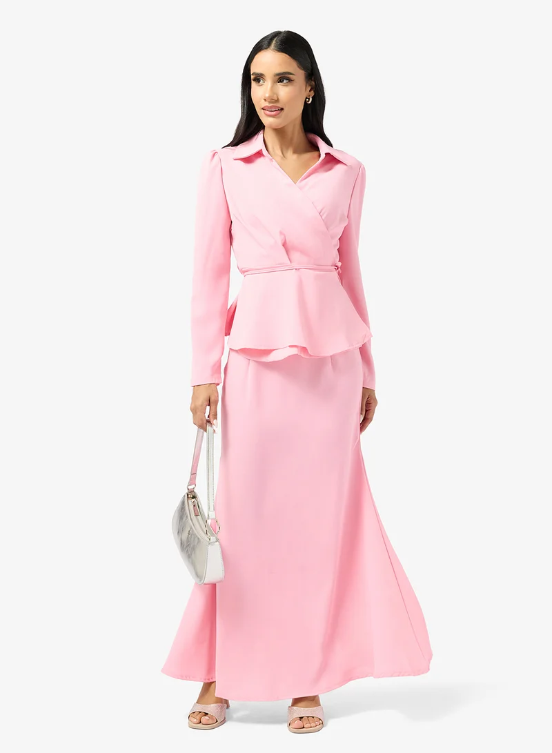 جينجر Wrap Around Peplum Top & Mermaid Skirt Coord Set